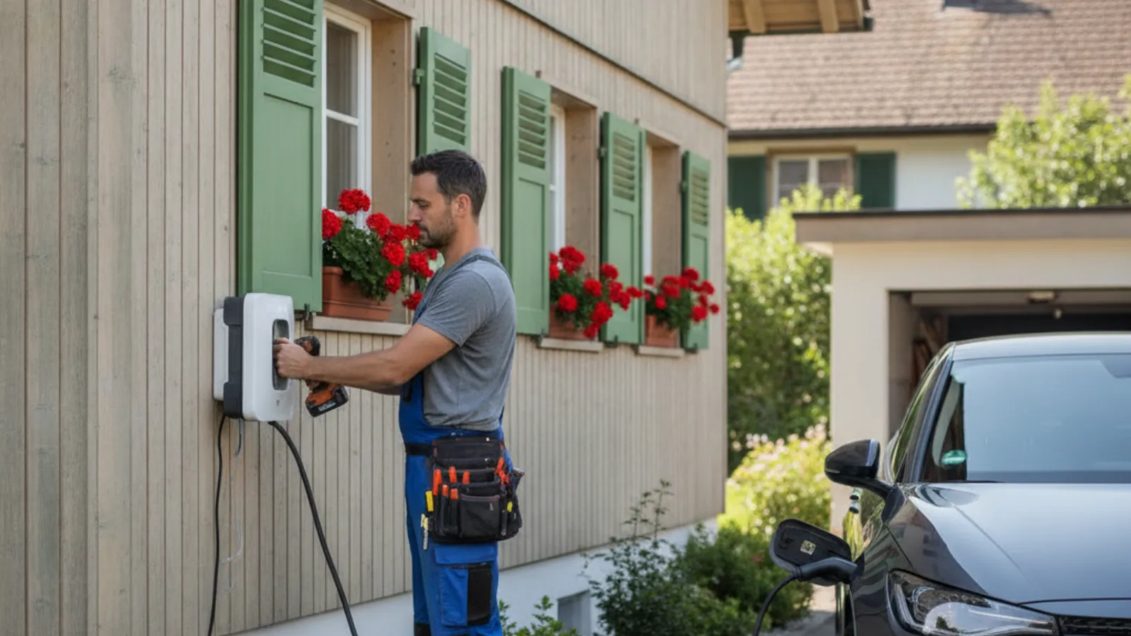 Électricien installant une borne de recharge wallbox pour voiture électrique à Lausanne