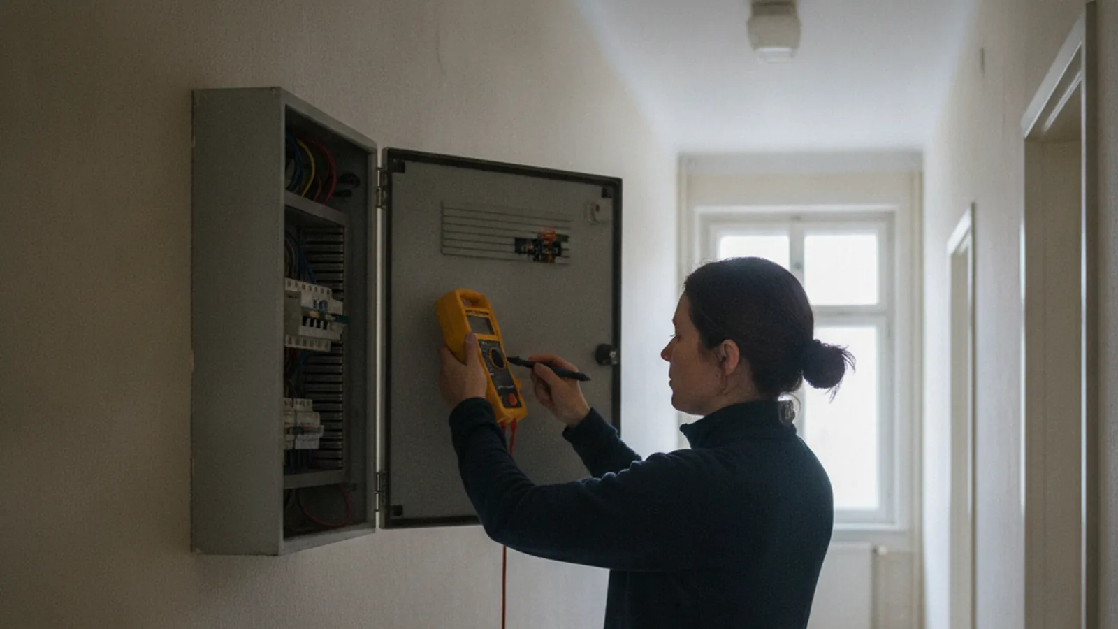 Électricien agréé réalisant un contrôle OIBT sur un tableau électrique à Lausanne