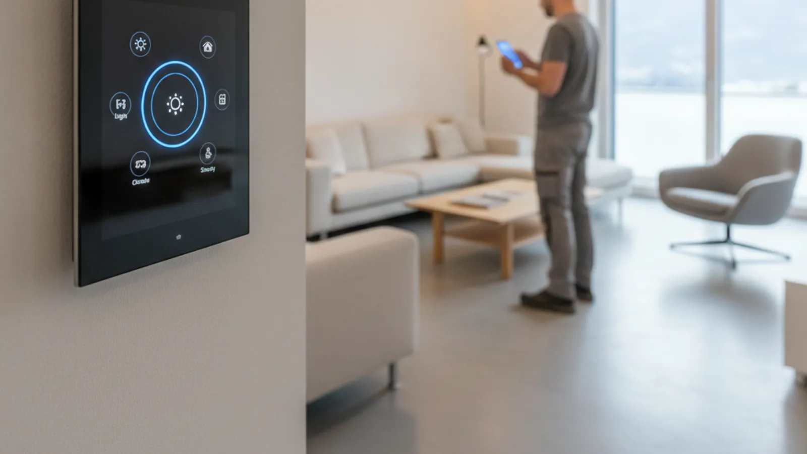 Panneau de commande domotique et éclairage connecté dans un logement à Lausanne
