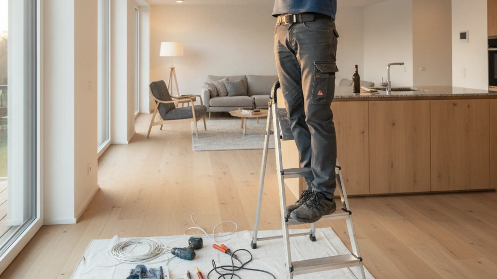 Électricien posant des spots LED encastrés dans un plafond à Lausanne